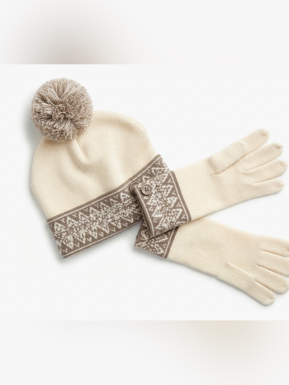 NWOT Simply Noelle Winter Set Beanie Pom Hat Gloves Cream Brown Fair Isle